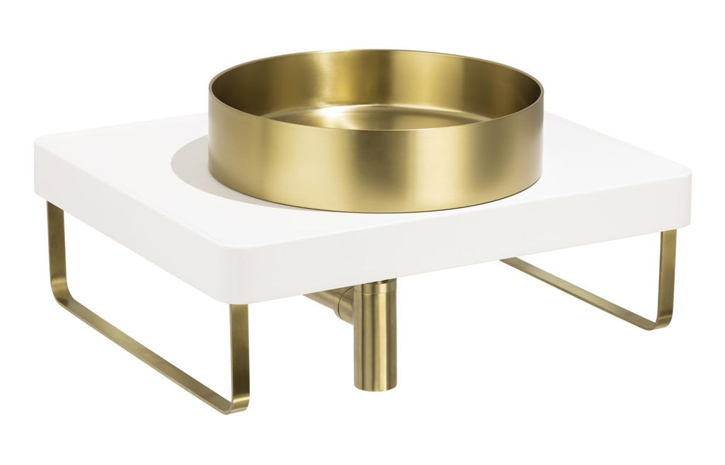 ABP1007 - Abode Tableau/Iox Shelf & Round Basin Set - Chalk White w/Brushed Brass Finishes image
