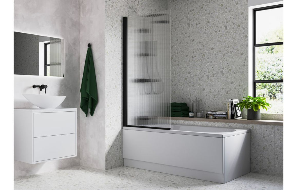 HOTT111395 - Fluted 800x1500mm Single Straight Bath Screen (5mm) - Matt Black image