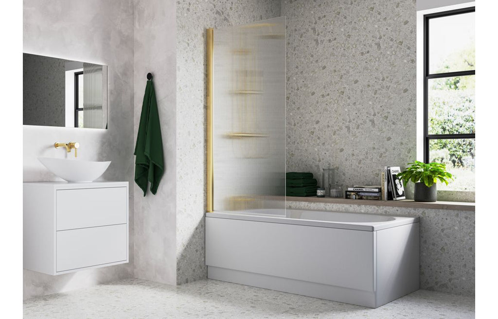 HOTT111396 - Fluted 800x1500mm Single Straight Bath Screen (5mm) - Brushed Brass image