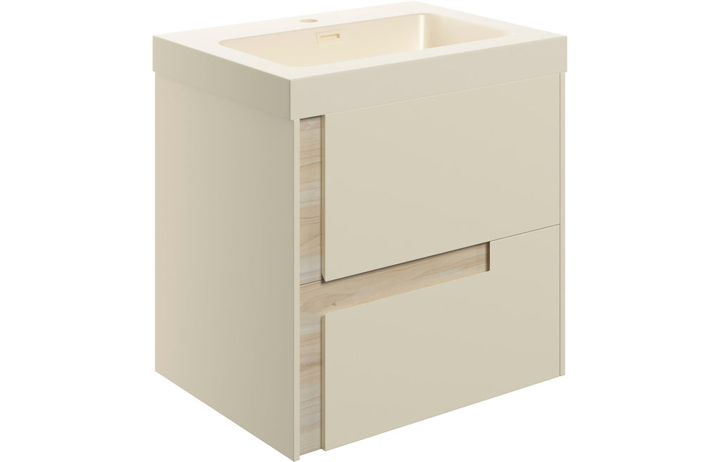 HOTT106884 - Decao 605mm Wall Hung 2 Drawer Basin Unit & 1TH Co-ordinating Basin - Matt Cotton & Oak Effect image