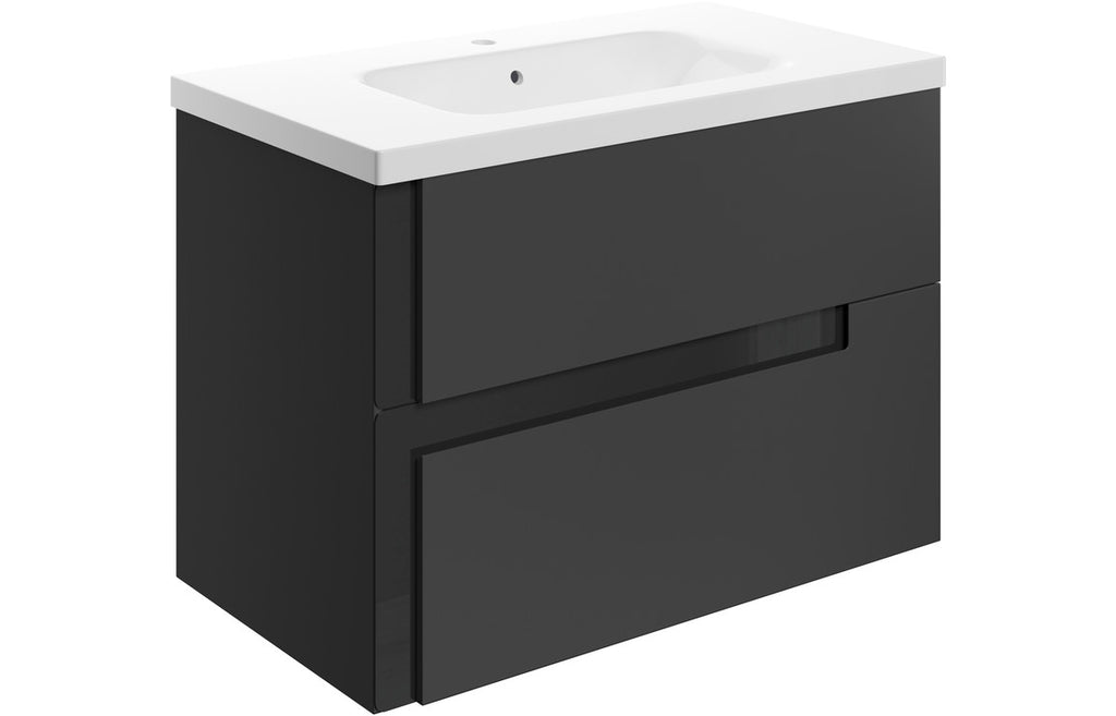 HOTT106882 - Decao 815mm Wall Hung 2 Drawer Basin Unit & 1TH White Basin - Matt Black & Glass image