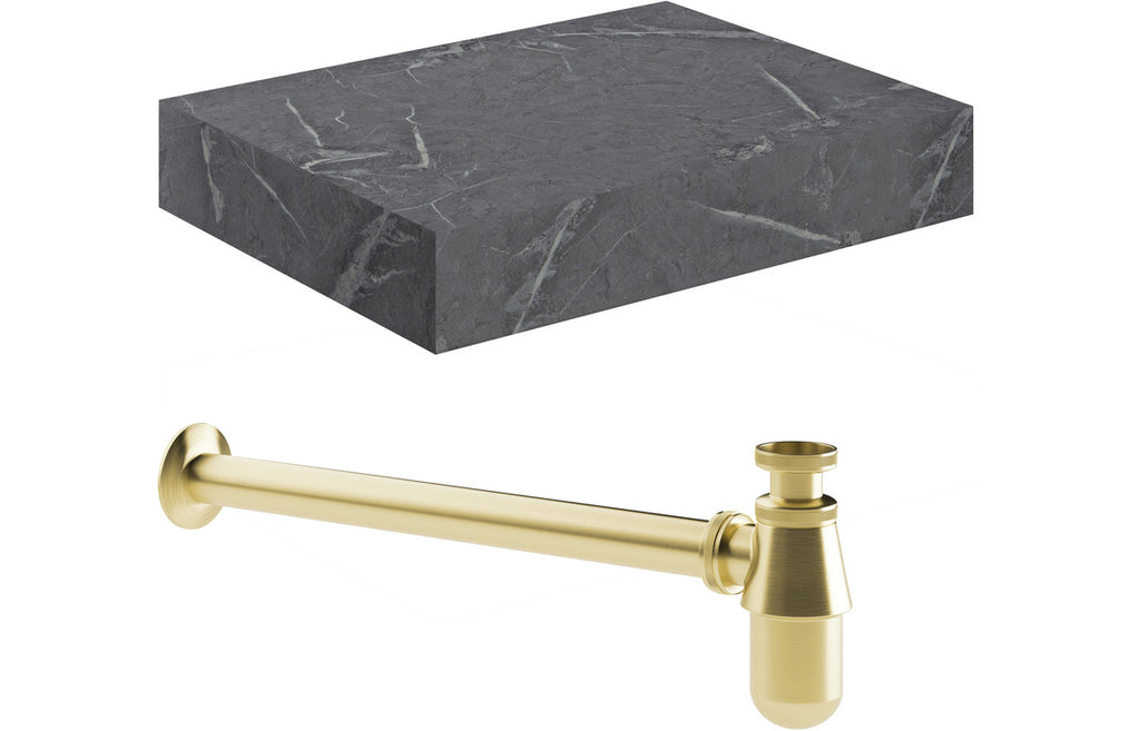 HOTT106945 - Chiara 600mm Wall Hung Grey Marble Basin Shelf & Brushed Brass Bottle Trap image