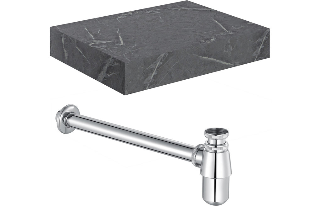 HOTT106943 - Chiara 600mm Wall Hung Grey Marble Basin Shelf & Chrome Bottle Trap image