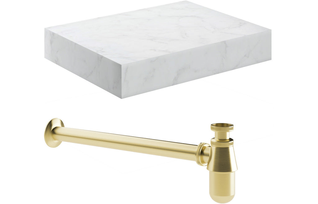 HOTT106959 - Chiara 600mm Wall Hung White Marble Basin Shelf & Brushed Brass Bottle Trap image