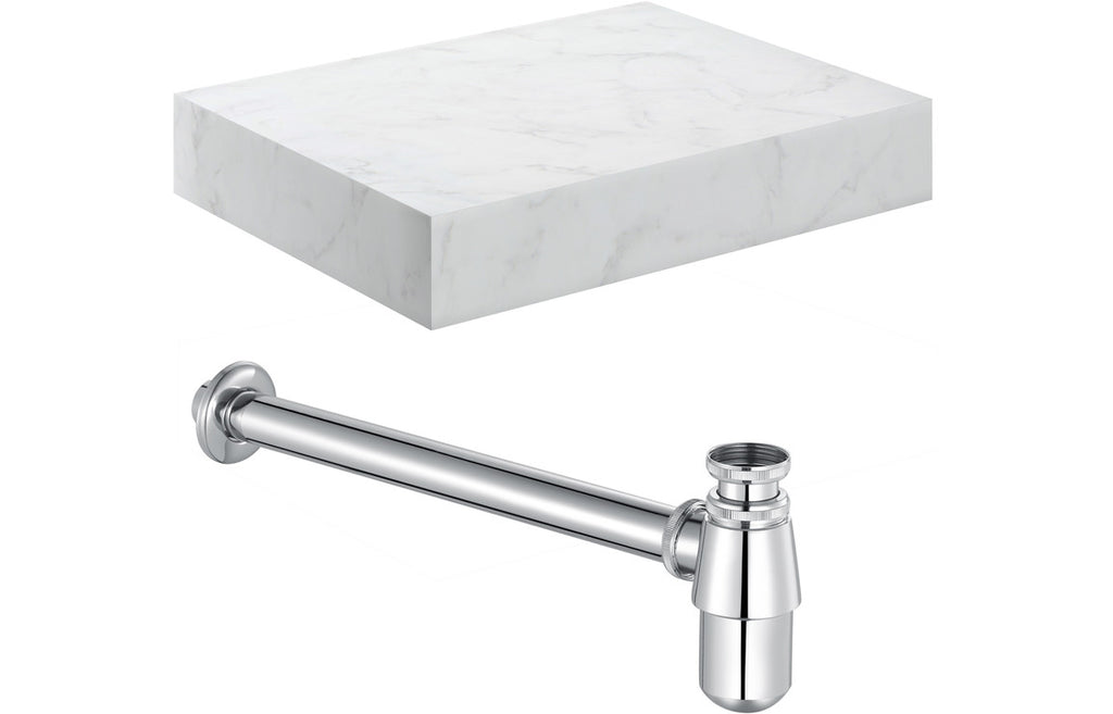 HOTT106957 - Chiara 600mm Wall Hung White Marble Basin Shelf & Chrome Bottle Trap image
