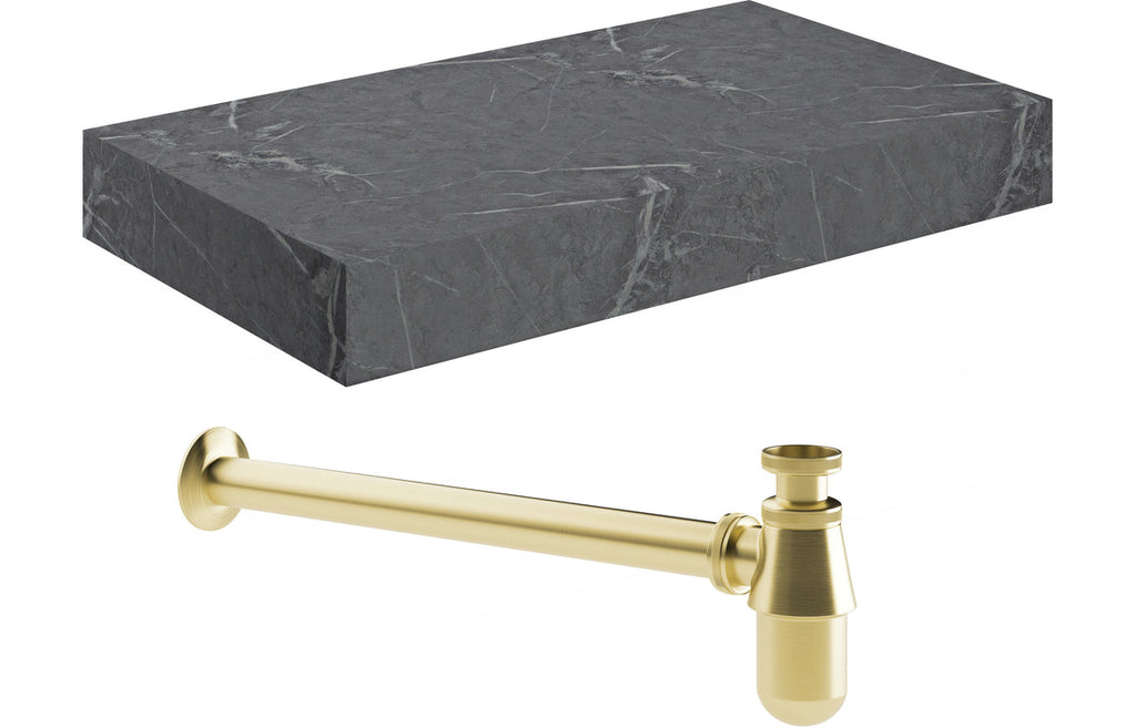 HOTT106949 - Chiara 800mm Wall Hung Grey Marble Basin Shelf & Brushed Brass Bottle Trap image