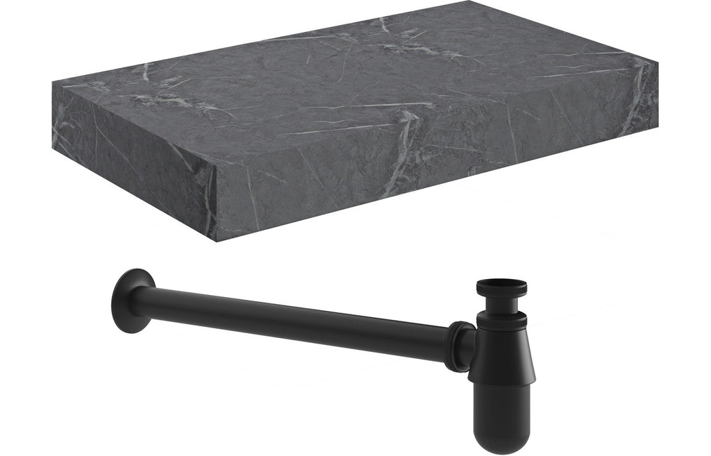 HOTT106948 - Chiara 800mm Wall Hung Grey Marble Basin Shelf & Black Bottle Trap image