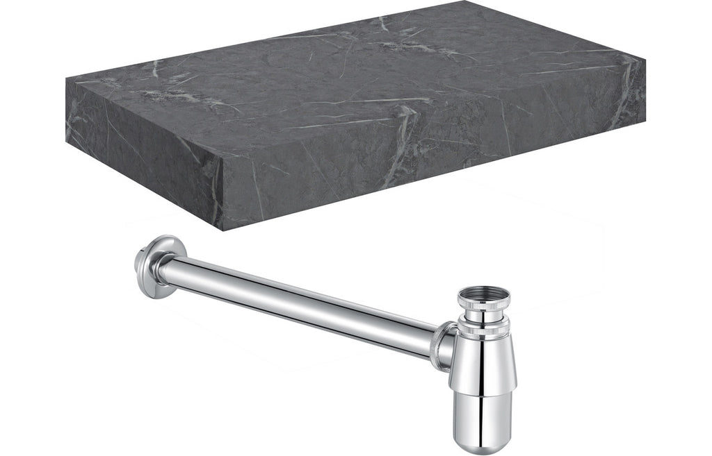 HOTT106947 - Chiara 800mm Wall Hung Grey Marble Basin Shelf & Chrome Bottle Trap image