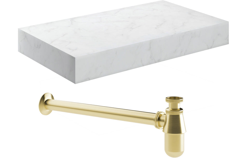 HOTT106963 - Chiara 800mm Wall Hung White Marble Basin Shelf & Brushed Brass Bottle Trap image