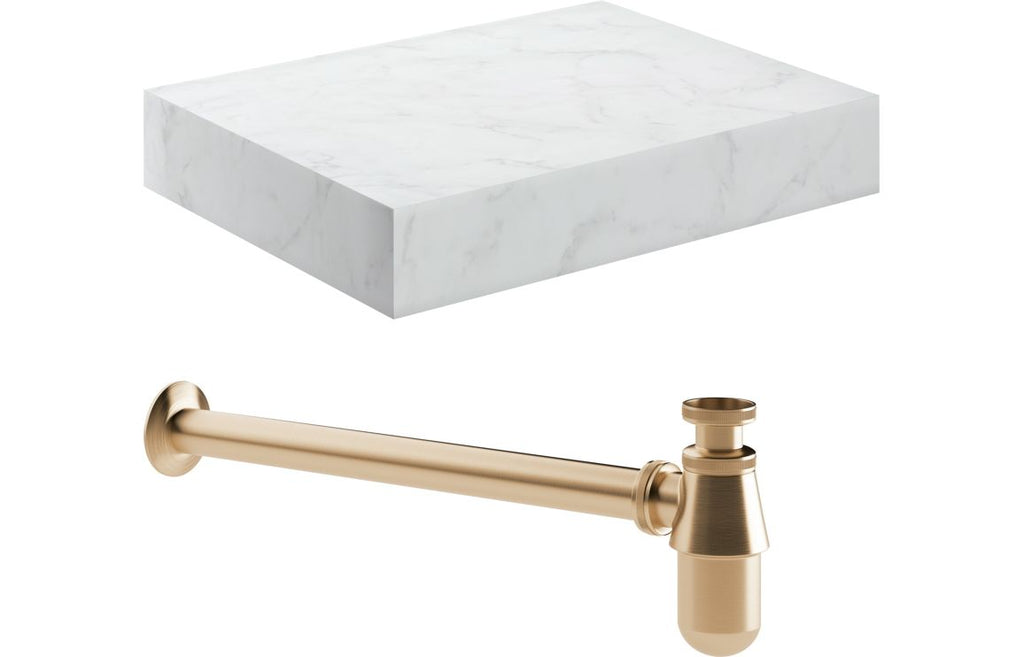 HOTT108910 - Chiara 600mm Wall Hung White Marble Basin Shelf & Brushed Bronze Bottle Trap image
