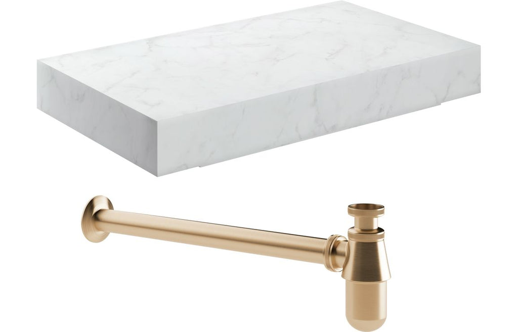 HOTT108911 - Chiara 800mm Wall Hung White Marble Basin Shelf & Brushed Bronze Bottle Trap image