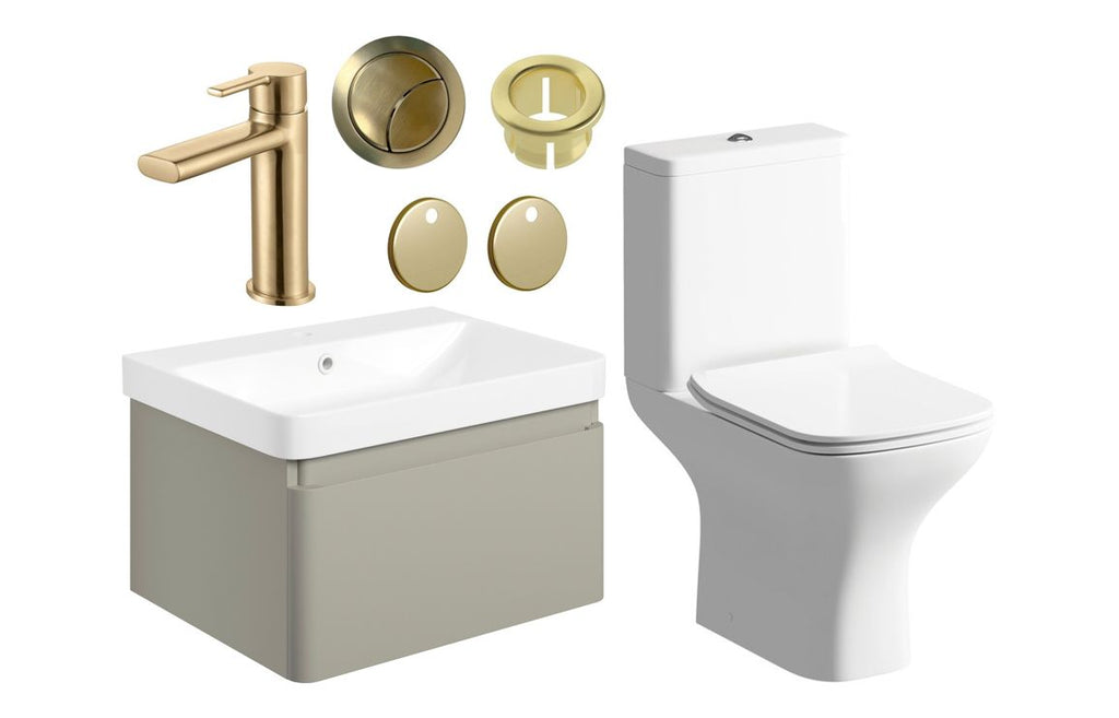 HOTT109055 - Nature 600mm Basin Unit & Close Coupled WC Pack - Matt Latte w/Brushed Brass Finishes image