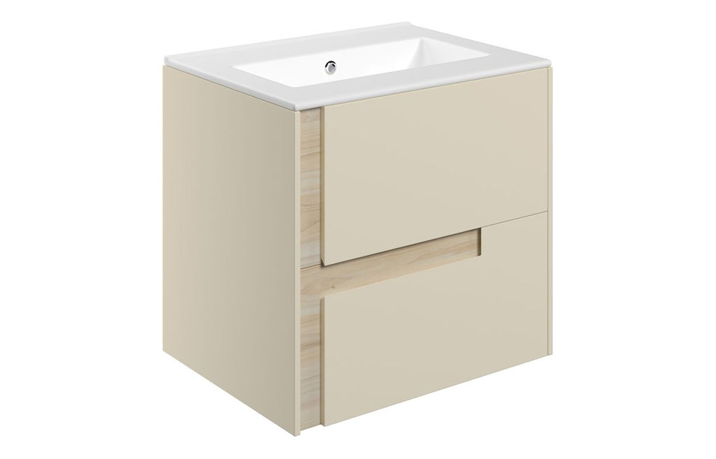 HOTT111305 - Decao 615mm Wall Hung 2 Drawer Basin Unit & 0TH White Thin Edge Basin - Matt Cotton & Oak Effect image