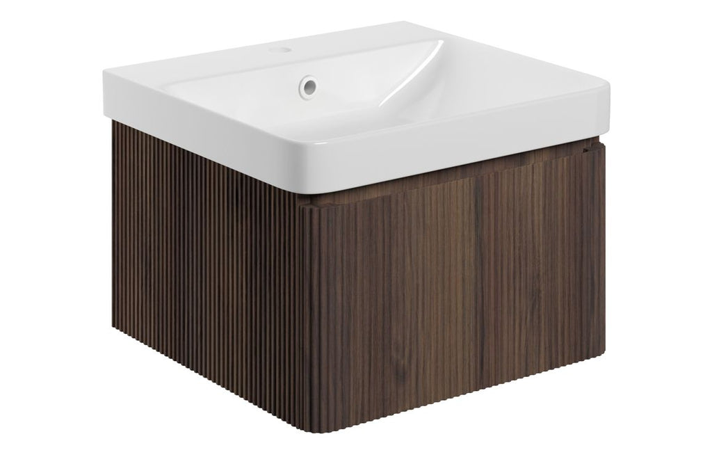 HOTT116057 - Georgio 500mm Wall Hung 1 Drawer Basin Unit & Basin - Textured Walnut image