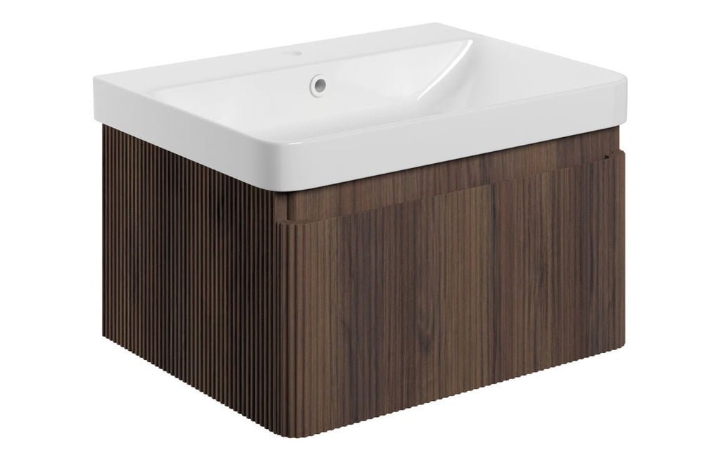 HOTT116058 - Georgio 605mm Wall Hung 1 Drawer Basin Unit & Basin - Textured Walnut image