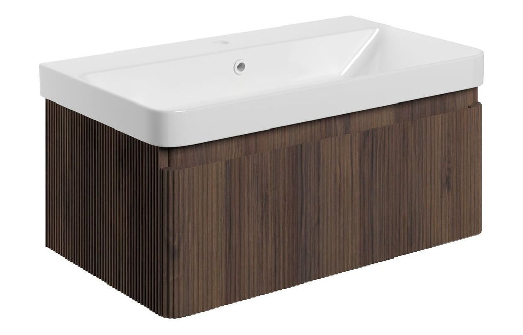 HOTT116059 - Georgio 805mm Wall Hung 1 Drawer Basin Unit & Basin - Textured Walnut image