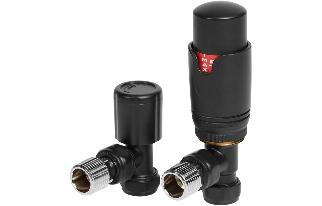 HOTT104999 - Round Thermostatic Matt Black Radiator Valves - Angled image