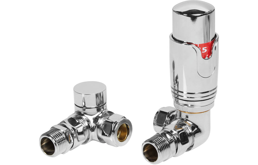 HOTT104993 - Round Thermostatic Chrome Radiator Valves - Corner image