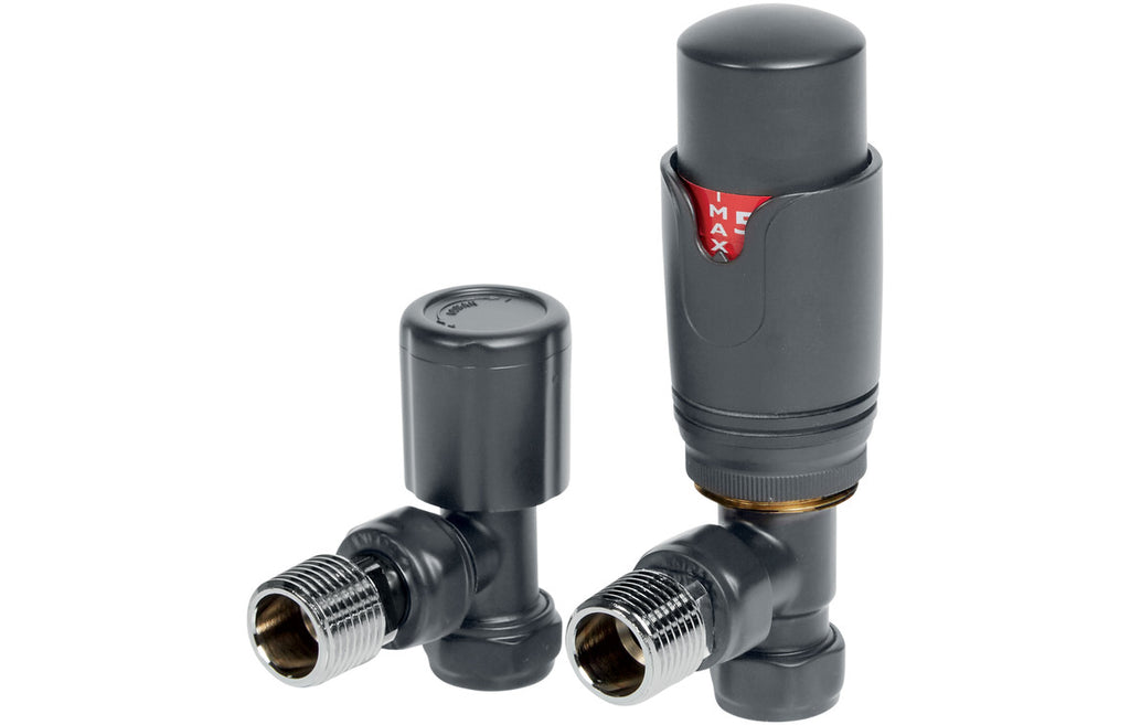 HOTT104995 - Round Thermostatic Anthracite Radiator Valves - Angled image