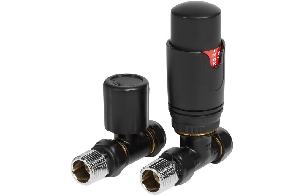 HOTT105000 - Round Thermostatic Matt Black Radiator Valves - Straight image