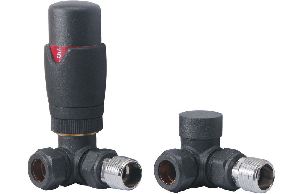 HOTT104997 - Round Thermostatic Anthracite Radiator Valves - Corner image