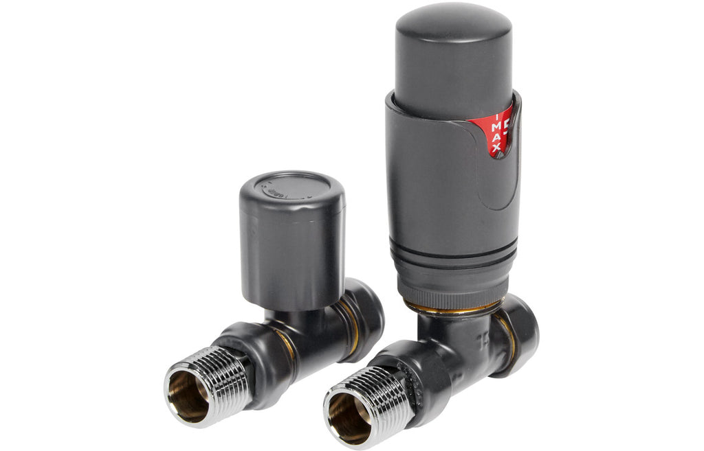 HOTT104996 - Round Thermostatic Anthracite Radiator Valves - Straight image