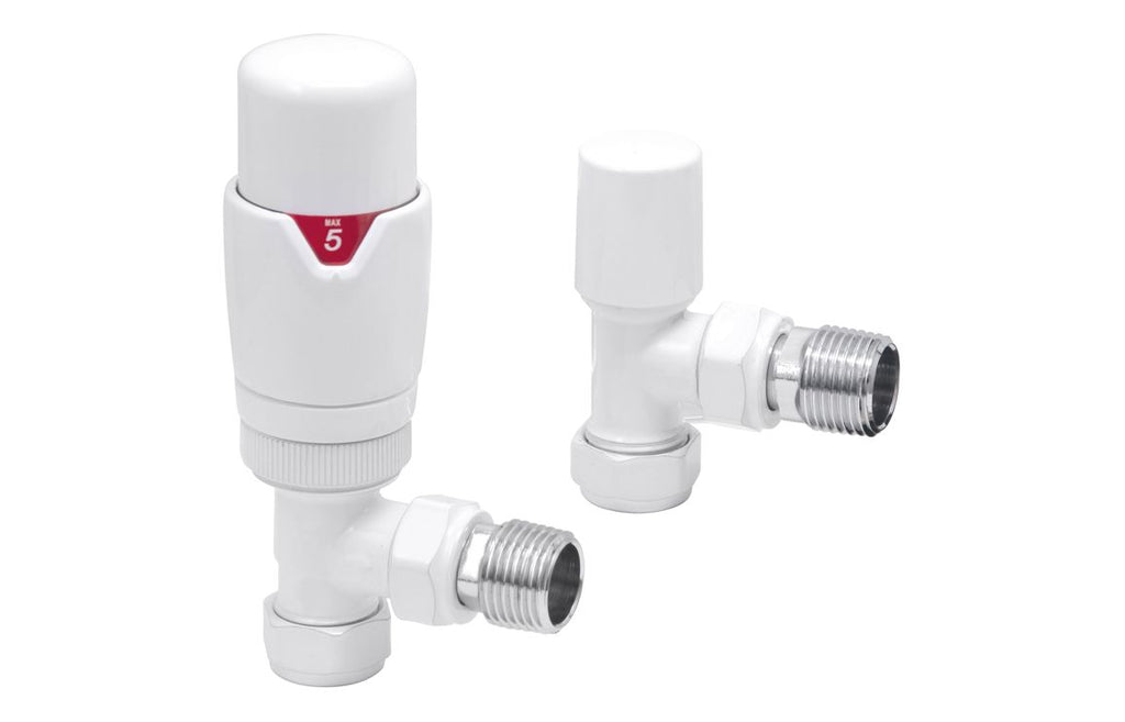HOTT105003 - Round Thermostatic White Radiator Valves - Angled image