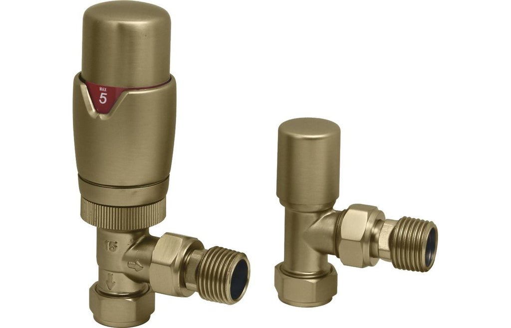 HOTT108859 - Round Thermostatic Brushed Brass Radiator Valves - Angled image