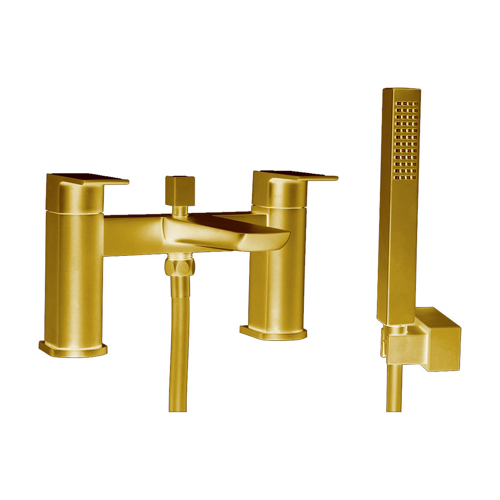 SWBR038 - Hazeley PVD Coated Bath Shower Mixer w/ 2 Tap Holes, Slide Rail & Fixed & Handheld Shower Head - Brushed Brass image