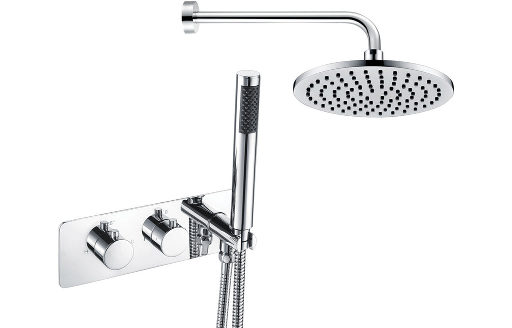 HOTT105893 - Kiens Shower Pack Two - Two Outlet Twin Shower Valve w/Handset & Brass Overhead - Chrome image