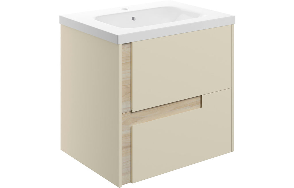 HOTT106885 - Decao 615mm Wall Hung 2 Drawer Basin Unit & 1TH White Basin - Matt Cotton & Oak Effect image