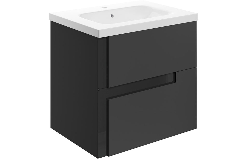 HOTT106880 - Decao 615mm Wall Hung 2 Drawer Basin Unit & 1TH White Basin - Matt Black & Glass image