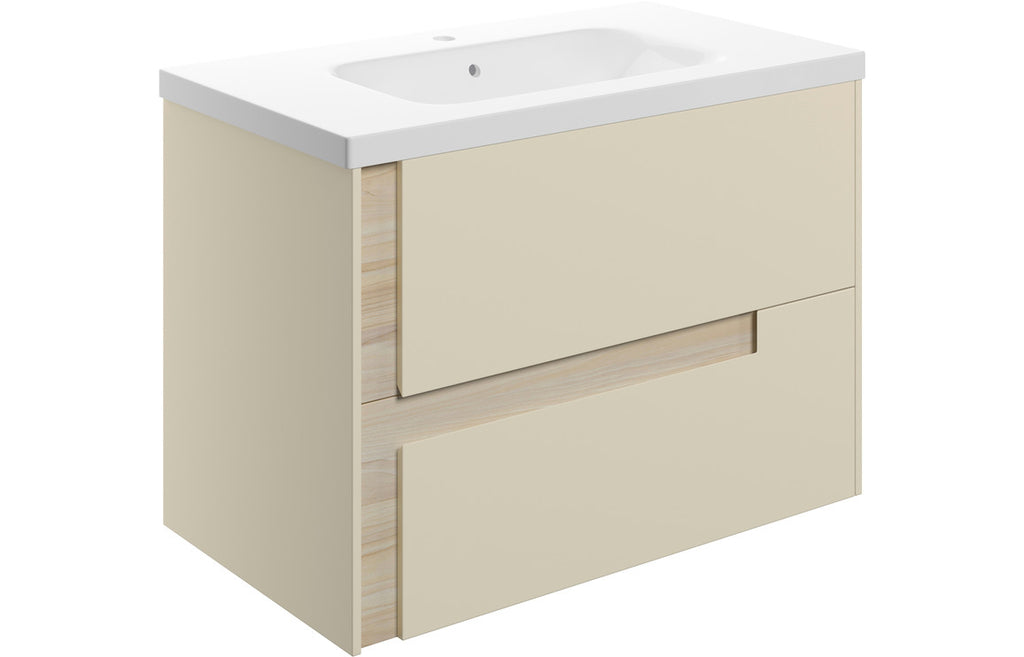 HOTT106887 - Decao 815mm Wall Hung 2 Drawer Basin Unit & 1TH White Basin - Matt Cotton & Oak Effect image