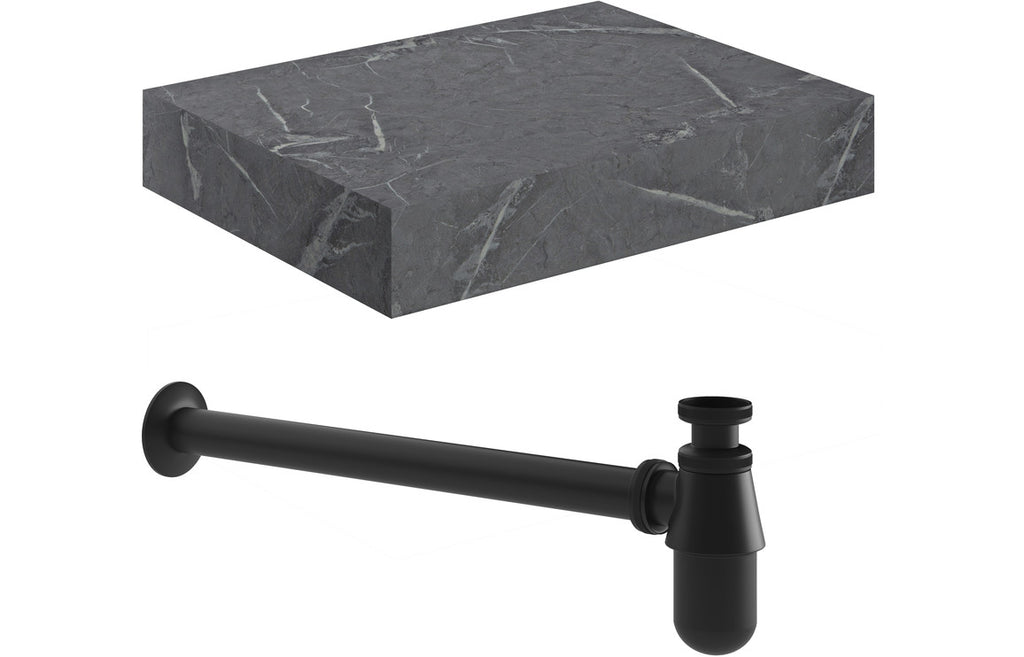 HOTT106944 - Chiara 600mm Wall Hung Grey Marble Basin Shelf & Black Bottle Trap image