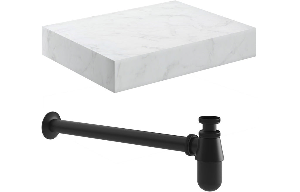 HOTT106958 - Chiara 600mm Wall Hung White Marble Basin Shelf & Black Bottle Trap image
