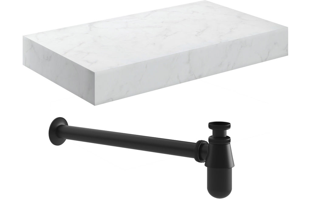 HOTT106962 - Chiara 800mm Wall Hung White Marble Basin Shelf & Black Bottle Trap image