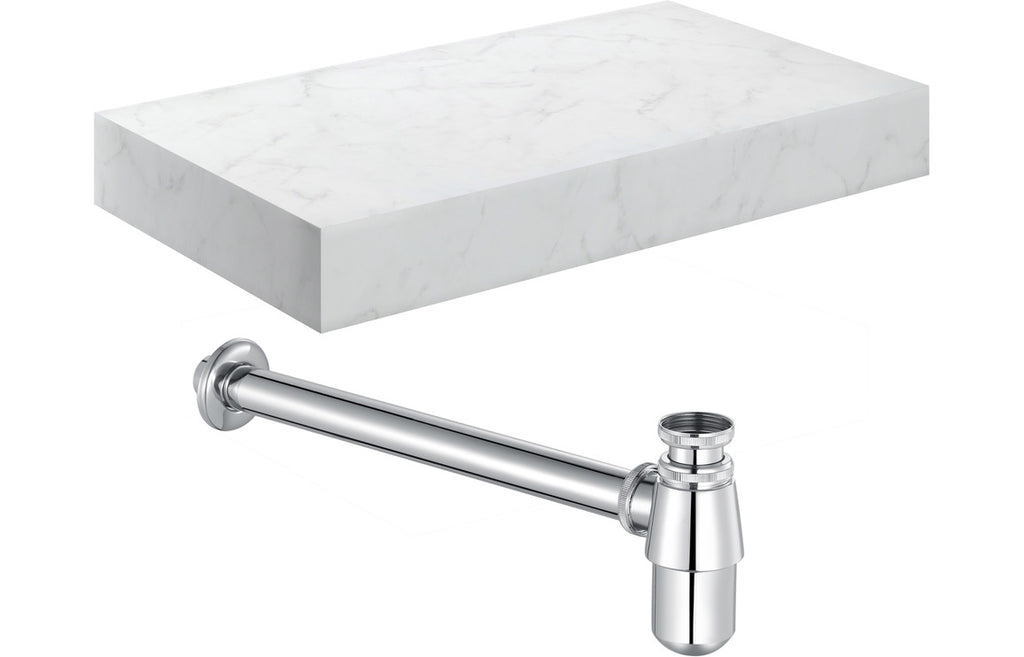 HOTT106961 - Chiara 800mm Wall Hung White Marble Basin Shelf & Chrome Bottle Trap image
