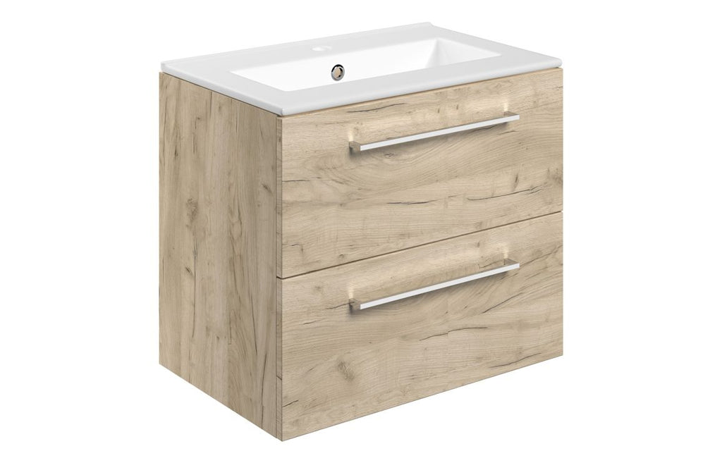 HOTT107491 - Genoa 610mm Wall Hung 2 Drawer Basin Unit & 1TH Thin Edge Basin - Oak image