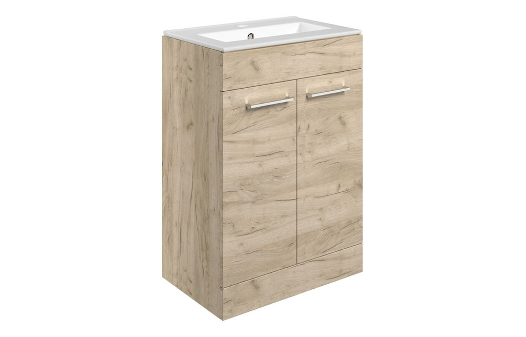 HOTT107487 - Genoa 610mm Floor Standing 2 Door Basin Unit & 1TH Thin Edge Basin - Oak image