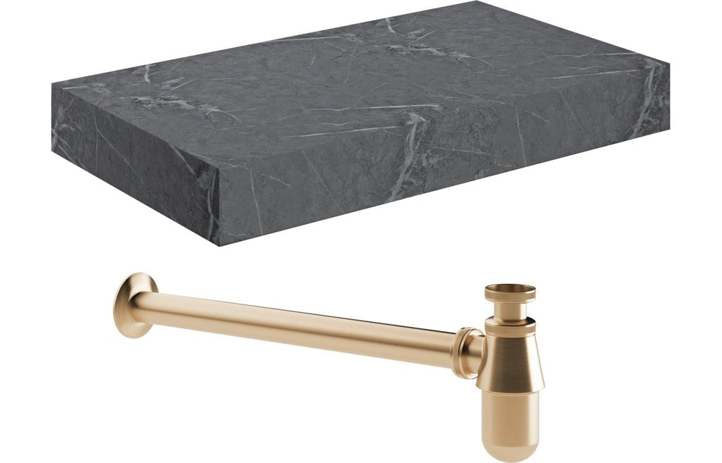 HOTT108909 - Chiara 800mm Wall Hung Grey Marble Basin Shelf & Brushed Bronze Bottle Trap image