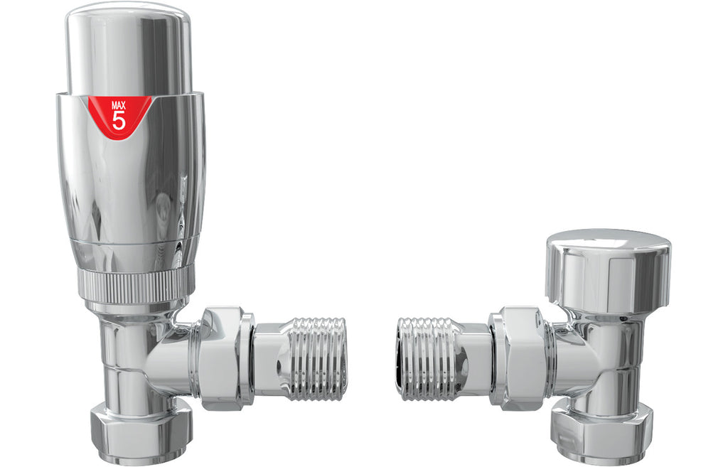 HOTT103021 - Round Thermostatic Chrome Radiator Valves - Angled image