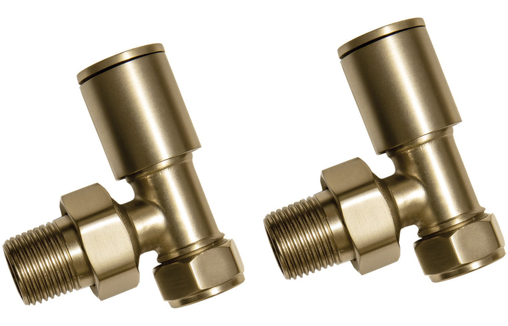 HOTT107160 - Patterned Brushed Brass Radiator Valves - Angled image