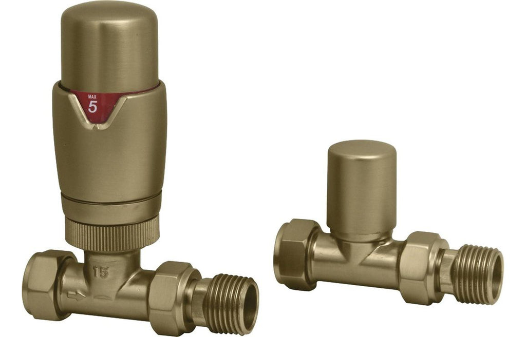 HOTT108860 - Round Thermostatic Brushed Brass Radiator Valves - Straight image