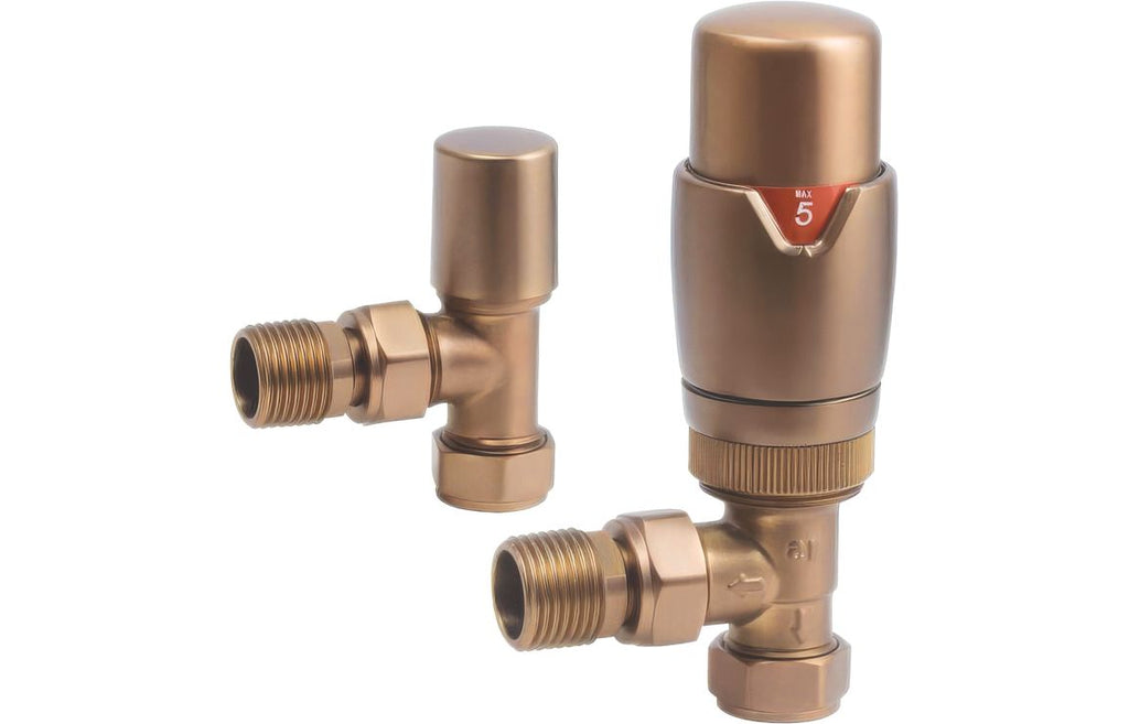 HOTT108863 - Round Thermostatic Brushed Bronze Radiator Valves - Angled image
