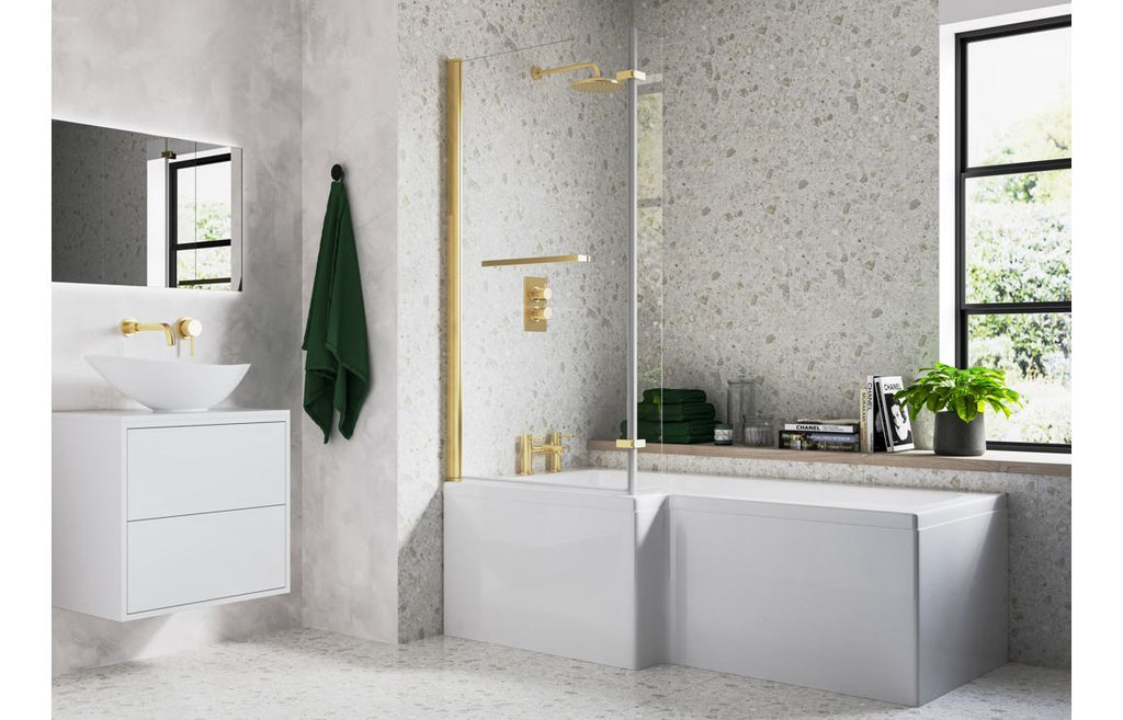 HOTT111380 - Leighton L Shape SUPERCAST 1700x850x560mm 0TH Shower Bath Pack (LH) - Brushed Brass image