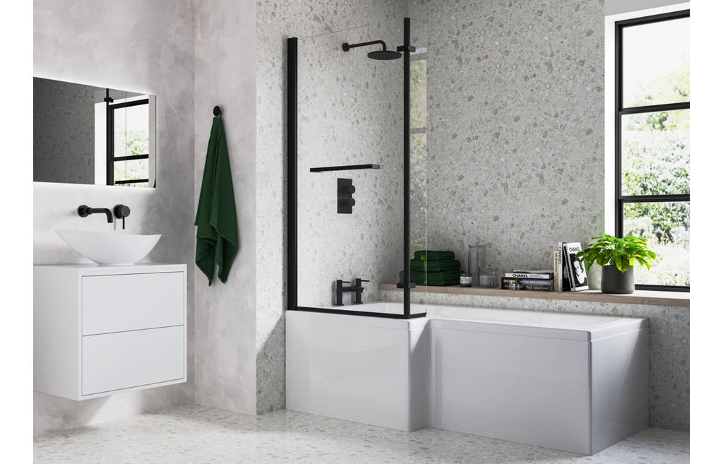 HOTT111374 - Leighton L Shape 1700x850x560mm 0TH Shower Bath Pack (RH) - Matt Black image