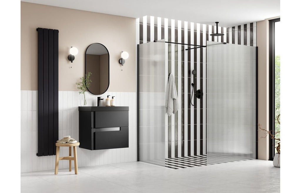 HOTT107559 - Bocca 900mm Fluted Wetroom Panel & Side Panel Arm - Black image